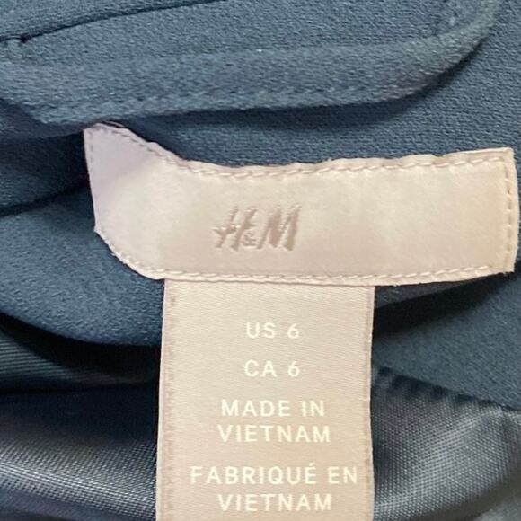 H&M Women's Blue Green Open Front Ruched 3/4 Sleeve Blazer Coat Jacket Size 6 - Picture 3 of 4